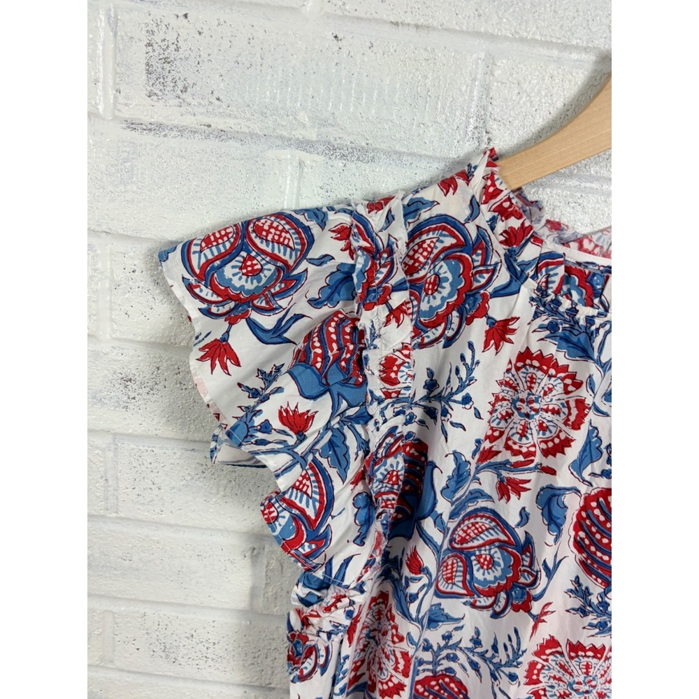 Caroline Constas Dress Womens XL Blue Red Floral Print Flutter Sleeve Cotton - Picture 4 of 10